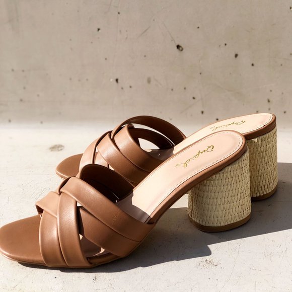 NEW Multi Crisscross Straps Natural Raffia Oval Block Heel Slip On Slide Sandals - Picture 5 of 14